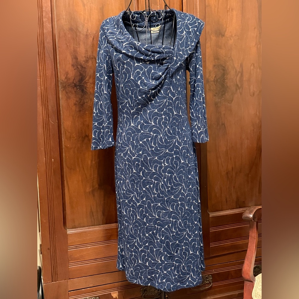 Toad & Co dress, 3/4 sleeves, blue pattern, asymmetrical shawl collar. Size M.